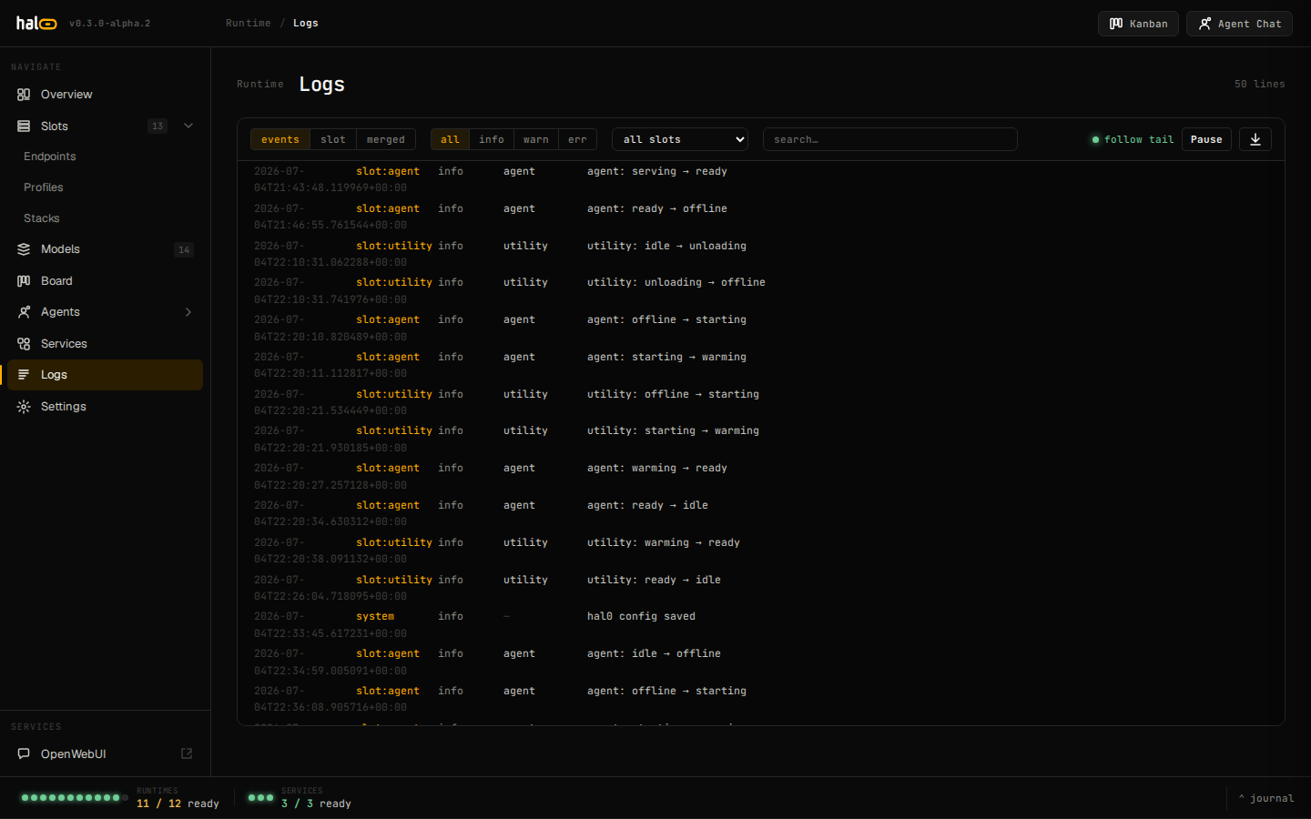 The hal0 dashboard Logs panel showing live journal output for a slot unit