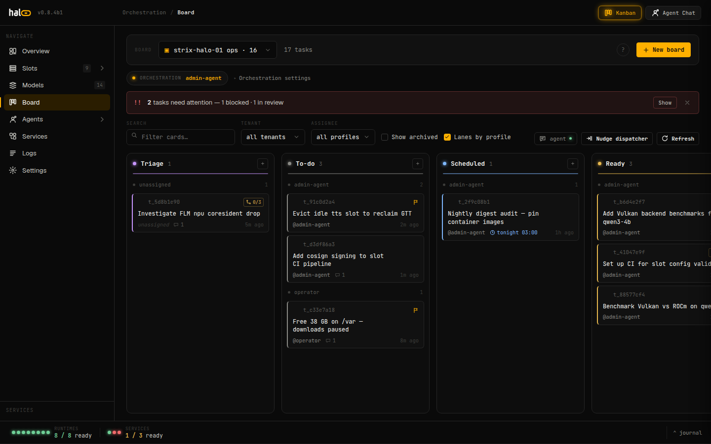 The hal0 Operator Board — a Hermes-backed kanban tracking agent tasks from Triage through Done, with an Archived lane hidden by default