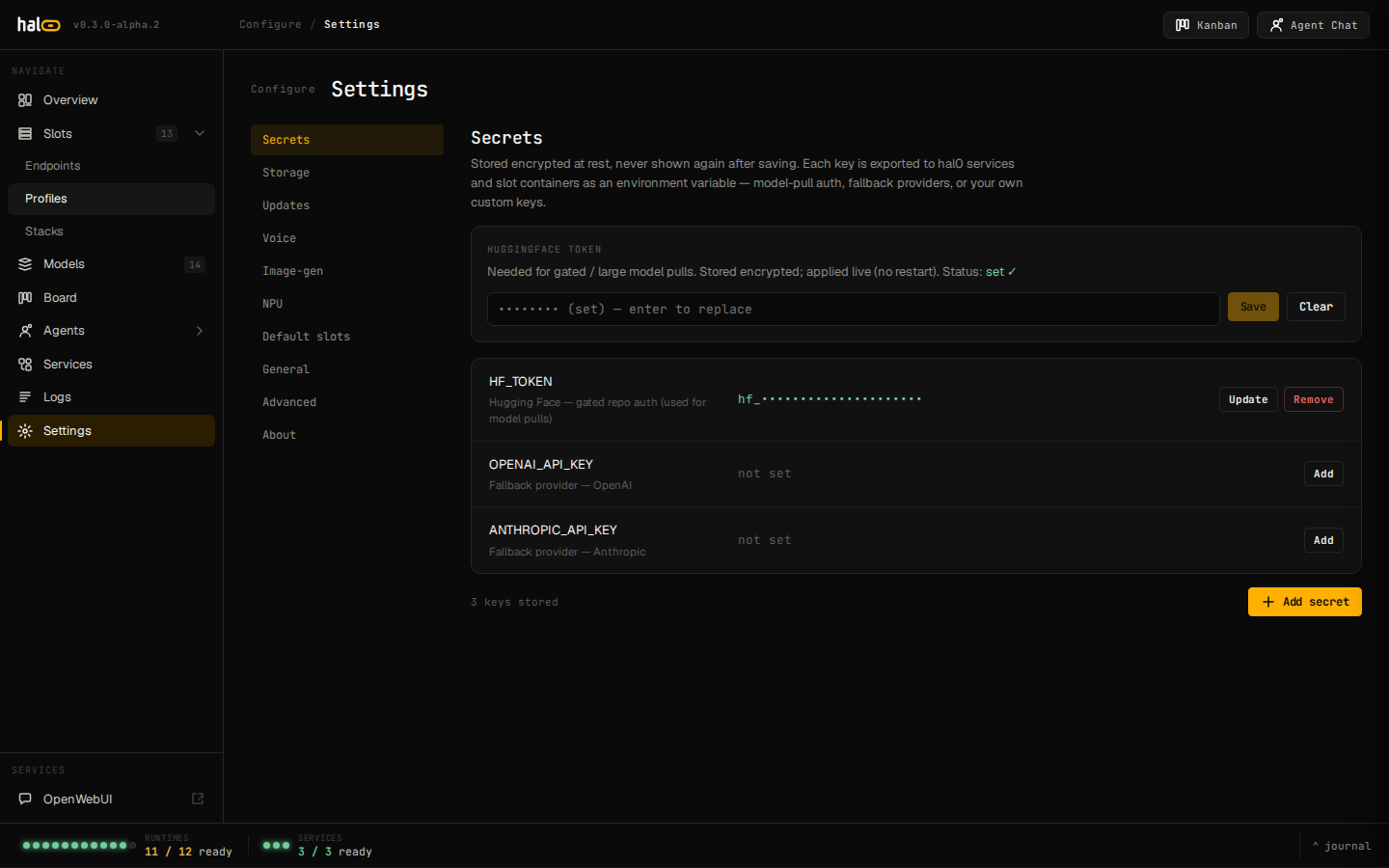 Settings page showing live reload status