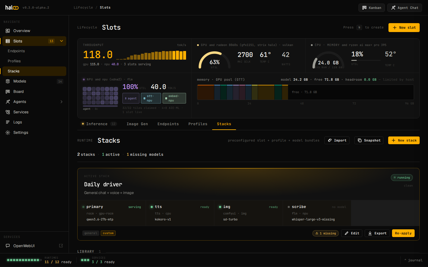 The Stacks tab — a “Daily driver” stack bundling primary, tts, img, and scribe slots, with active state, a missing-model flag, and import / snapshot / re-apply actions